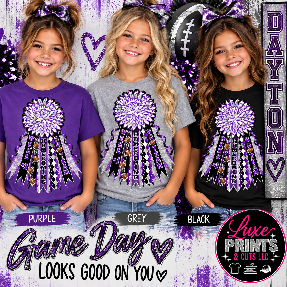 Dayton homecoming mum shirt mockup with girls in purple grey and black