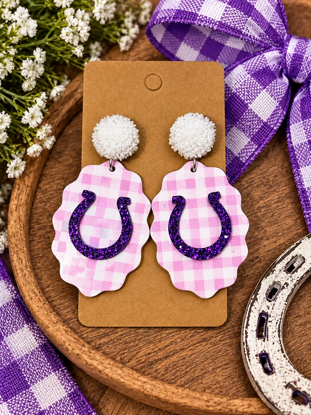 Dayton purple horseshoe pink gingham earrings