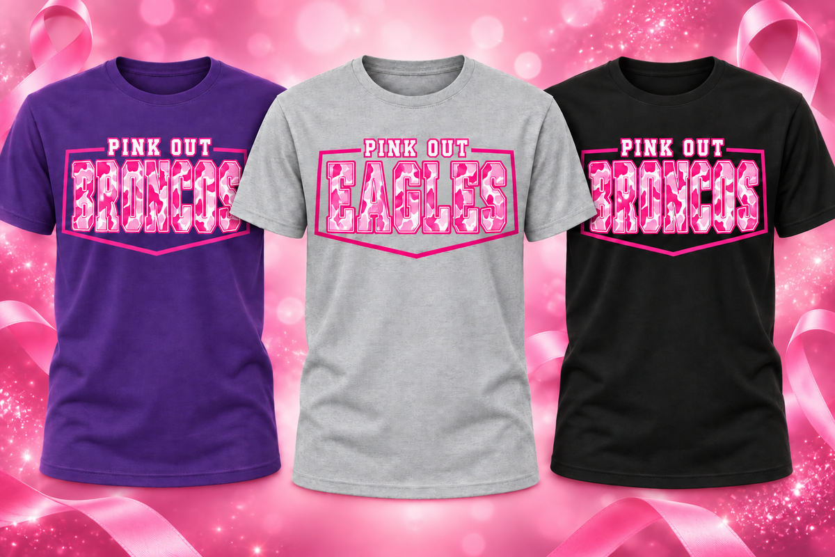 Purple and black Pink Out Broncos shirts with gray Pink Out Eagles shirt