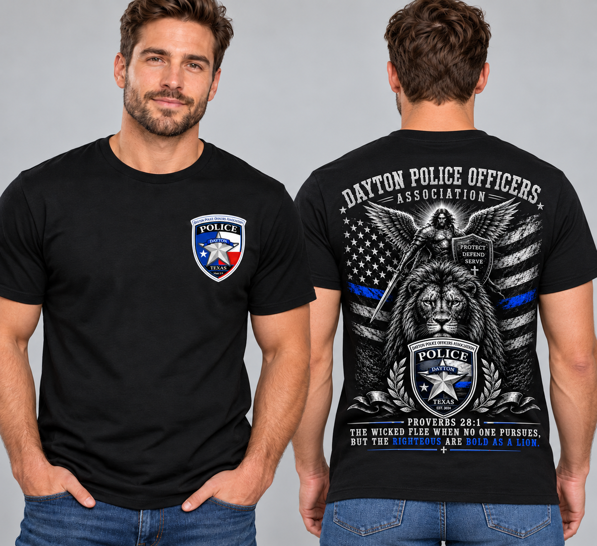 Black Gildan shirt with front left chest badge and lion back print