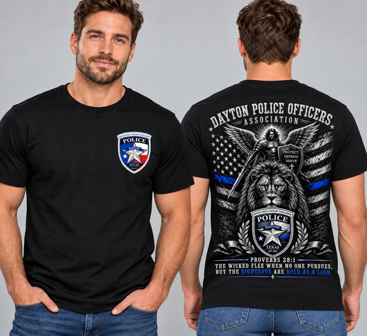 Black Gildan shirt with front left chest badge and lion back print