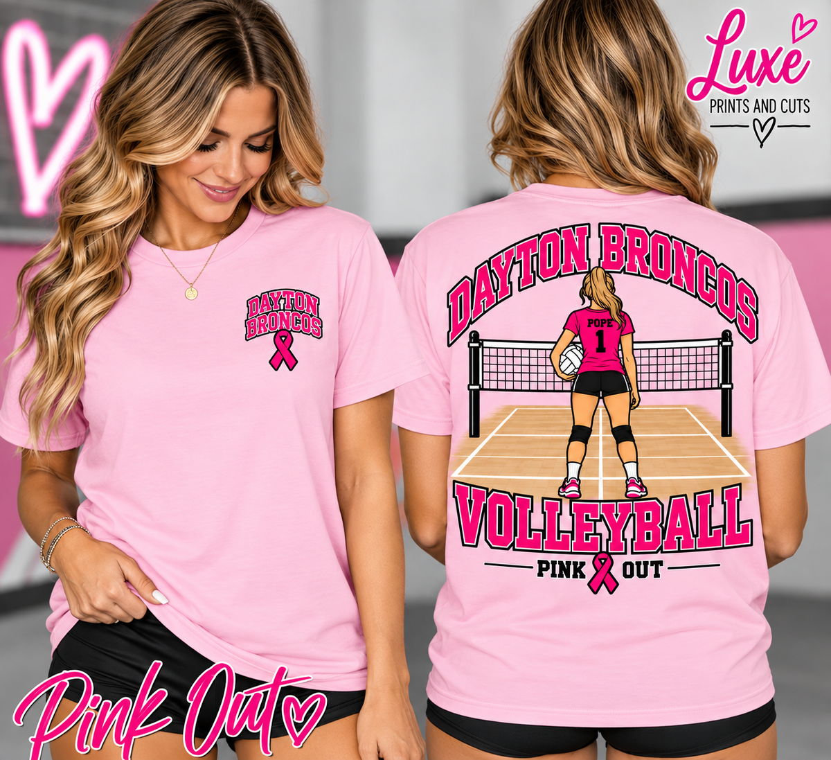 Light pink Dayton Broncos volleyball Pink Out shirt front and back