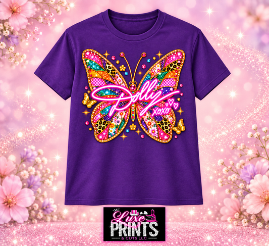 Dolly butterfly design on purple shirt