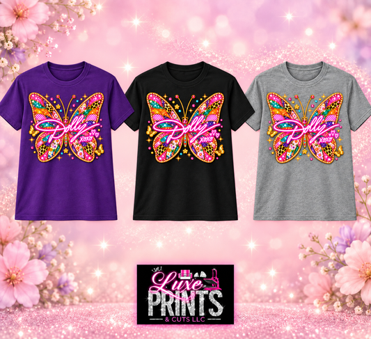 Dolly butterfly design on purple, black, and gray shirts