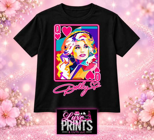 Dolly Queen of Hearts on black shirt