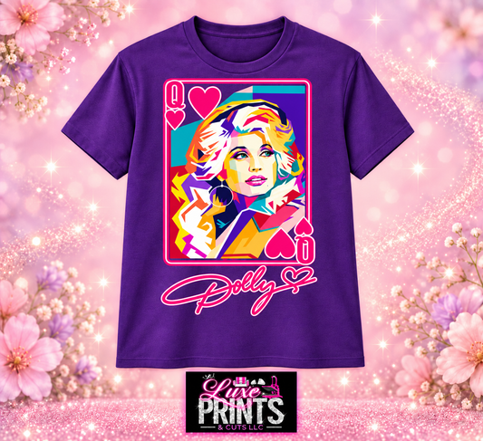 Dolly Queen of Hearts on purple shirt