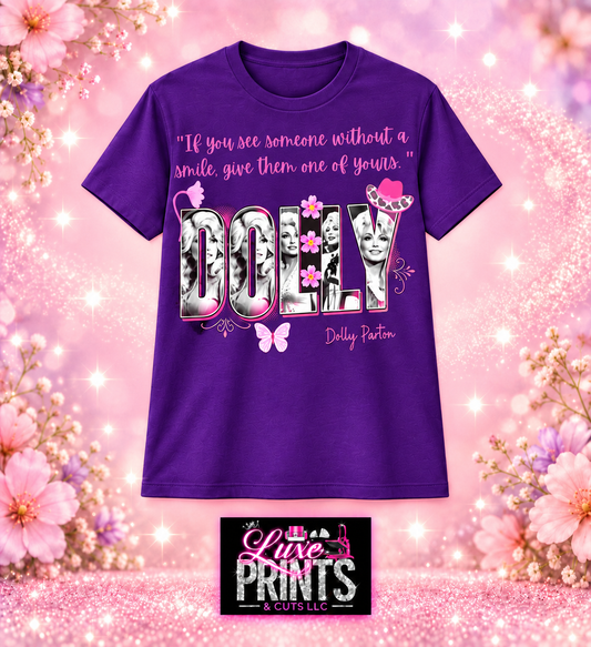 Dolly smile collage on purple shirt