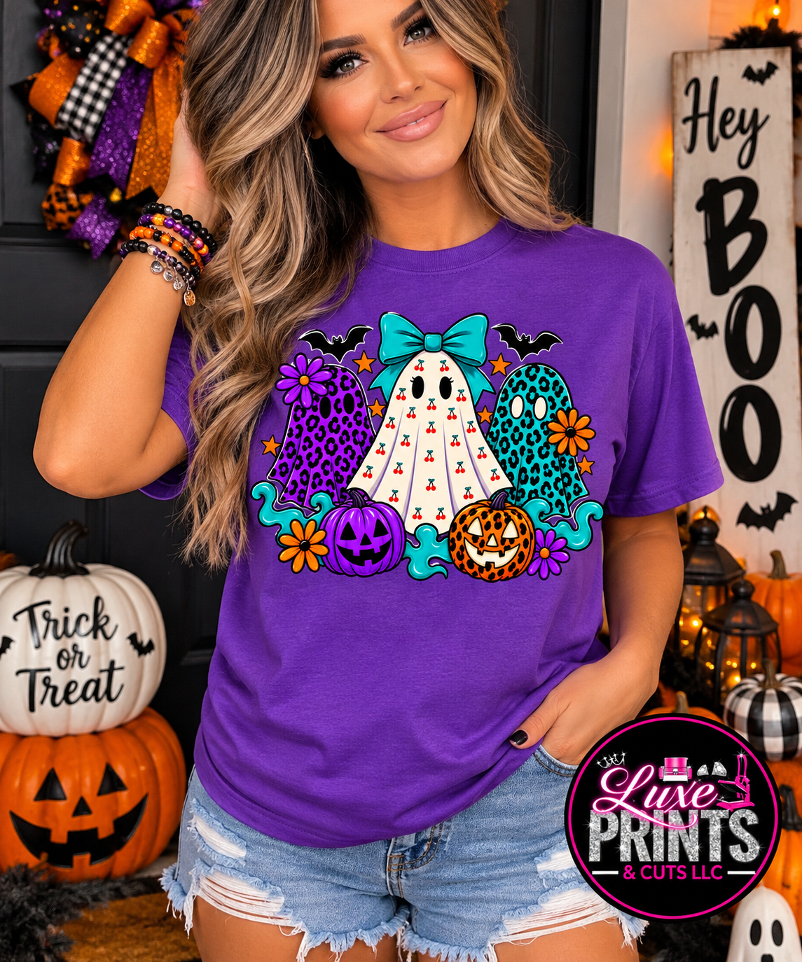 Halloween ghosts design on purple Gildan shirt