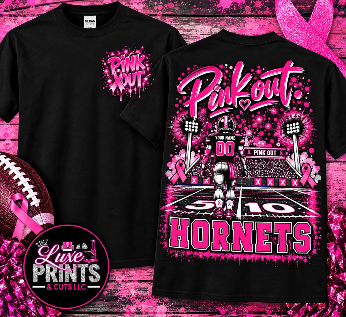 Hardin Hornets Pink Out football shirt front and back mockup