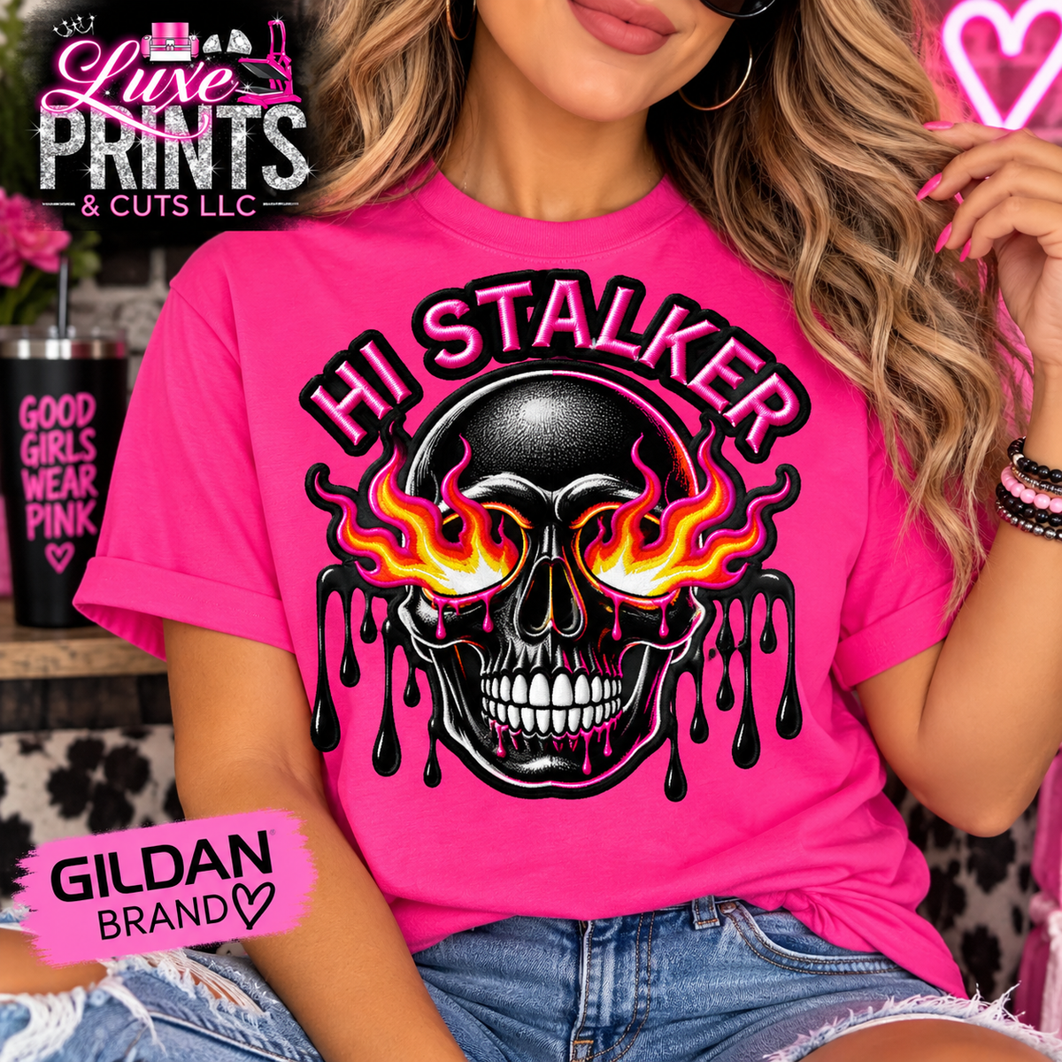 Hi Stalker flaming skull Gildan Heliconia shirt mockup