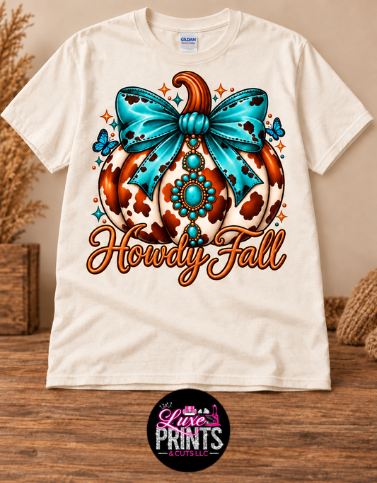 Howdy Fall design on off-white Gildan shirt with Luxe Prints and Cuts round logo