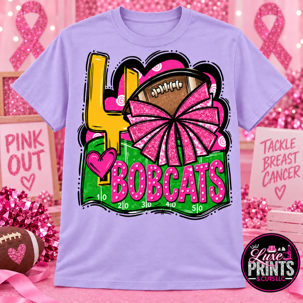 Hull-Daisetta Bobcats Pink Out football cheer shirt on light purple