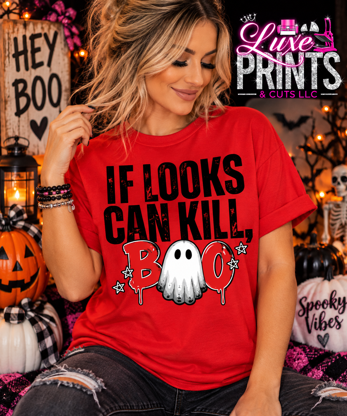 If Looks Can Kill, Boo red Halloween shirt mockup