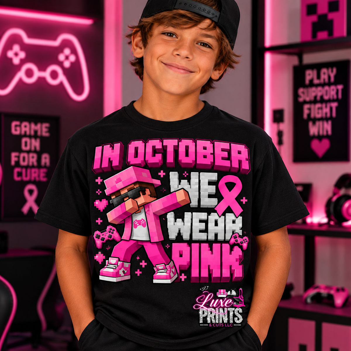 In October We Wear Pink gamer boy breast cancer awareness shirt mockup with Luxe logo