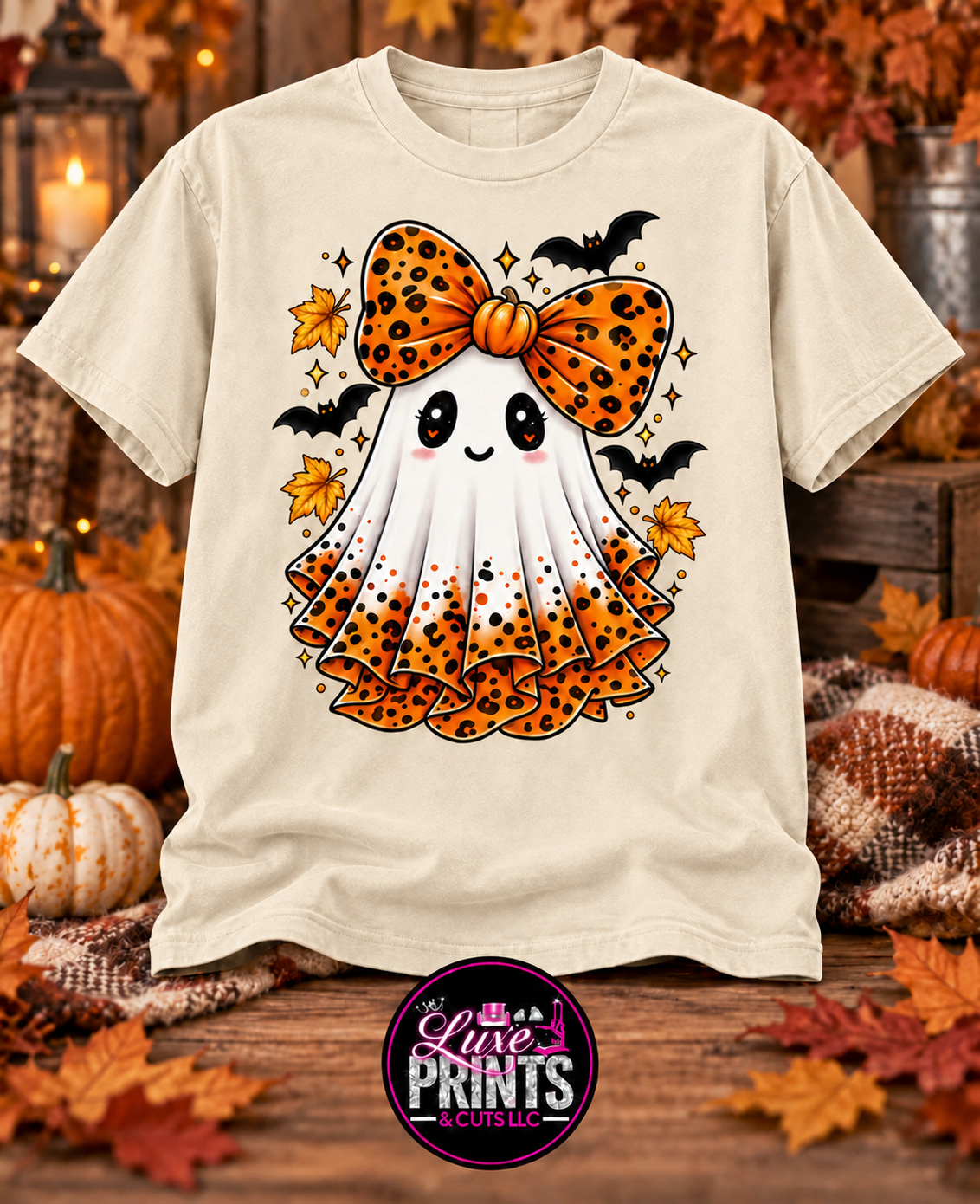 Leopard bow ghost on ivory Comfort Colors-style shirt