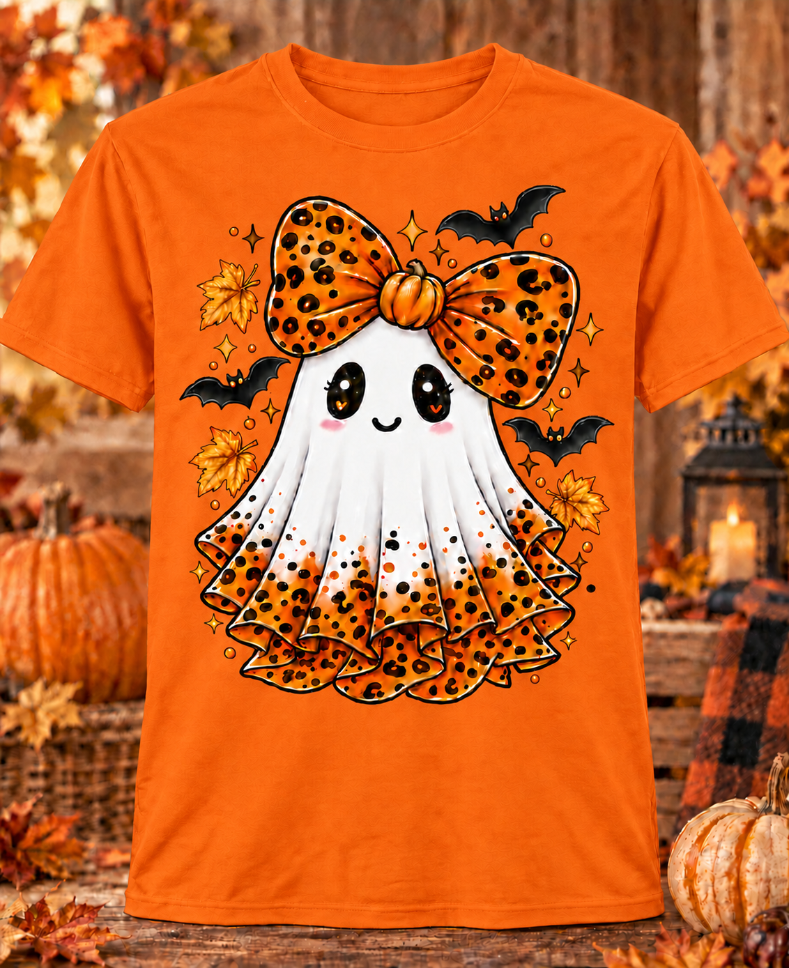 Leopard bow ghost on orange Gildan-style shirt