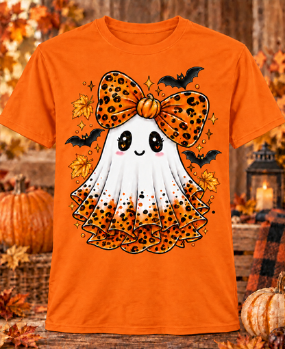 Leopard bow ghost on orange Gildan-style shirt
