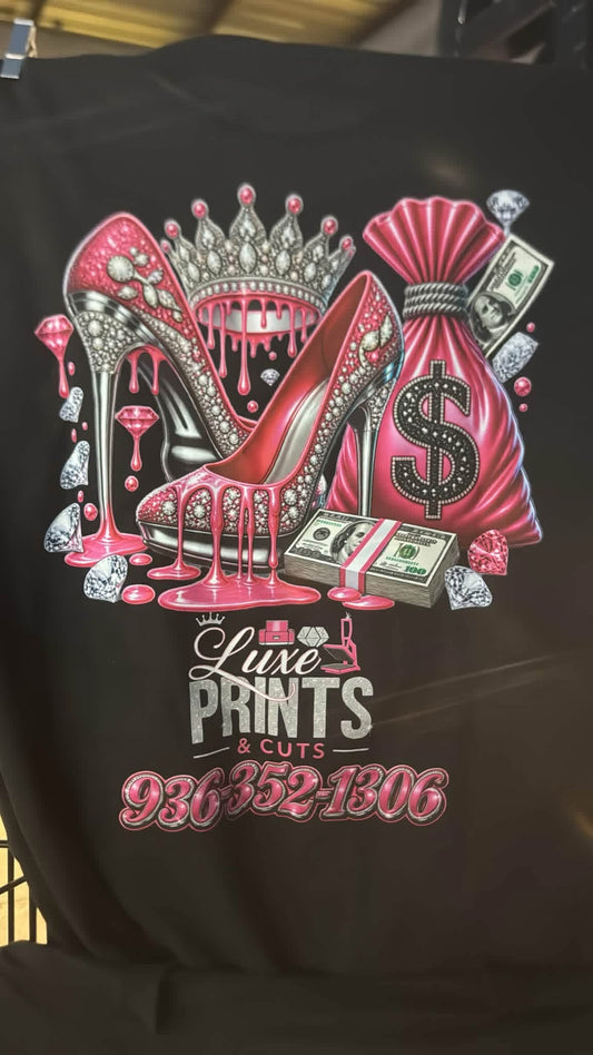 Luxe Prints and Cuts pink heels diamonds and money shirt