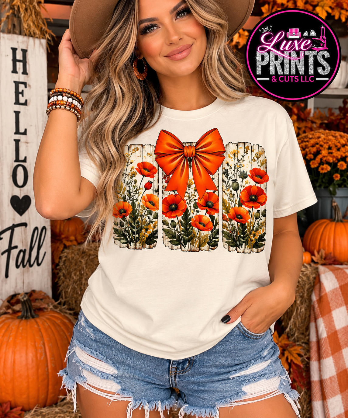 Orange poppy bow design on ivory Gildan shirt