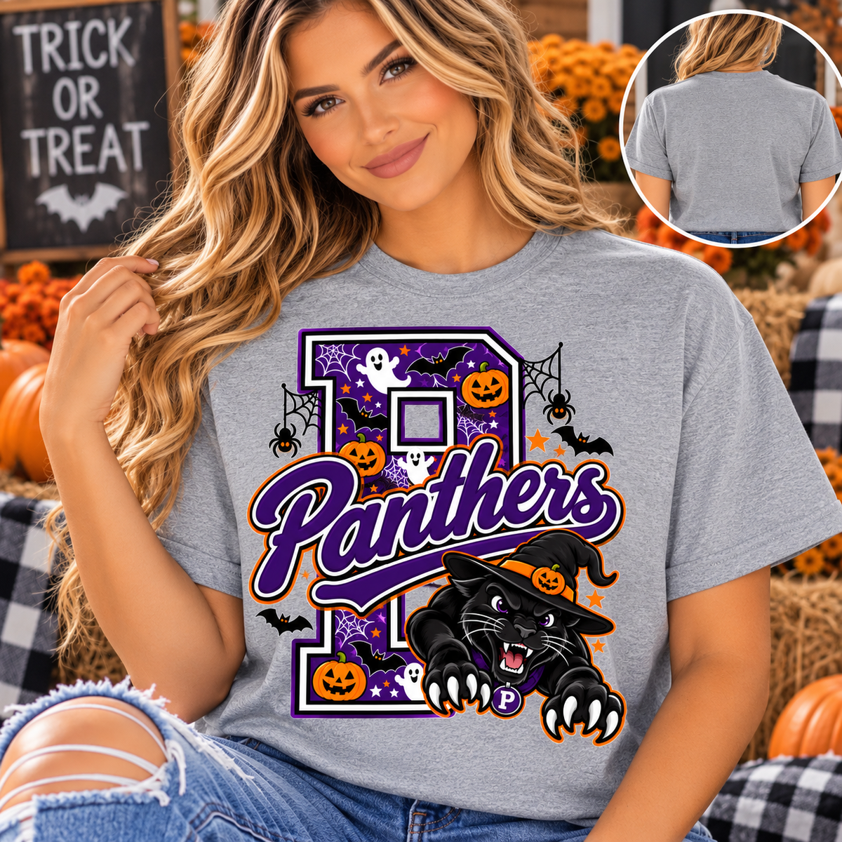 Panthers Halloween P mascot grey Gildan shirt mockup