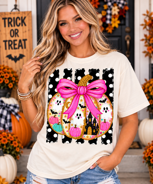 Pink bow ghost pumpkin Halloween shirt mockup