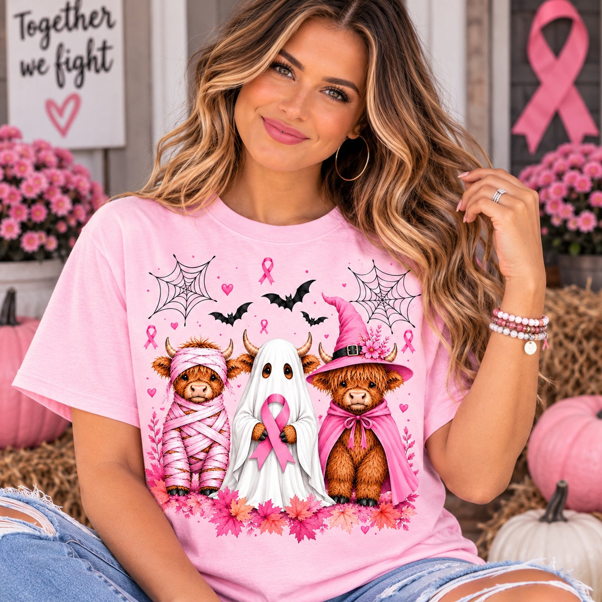 Pink Halloween Highland cows breast cancer awareness shirt mockup