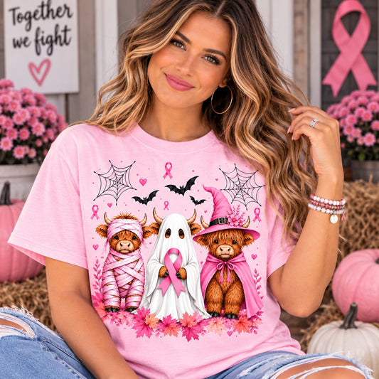 Pink Halloween Highland cows breast cancer awareness shirt mockup