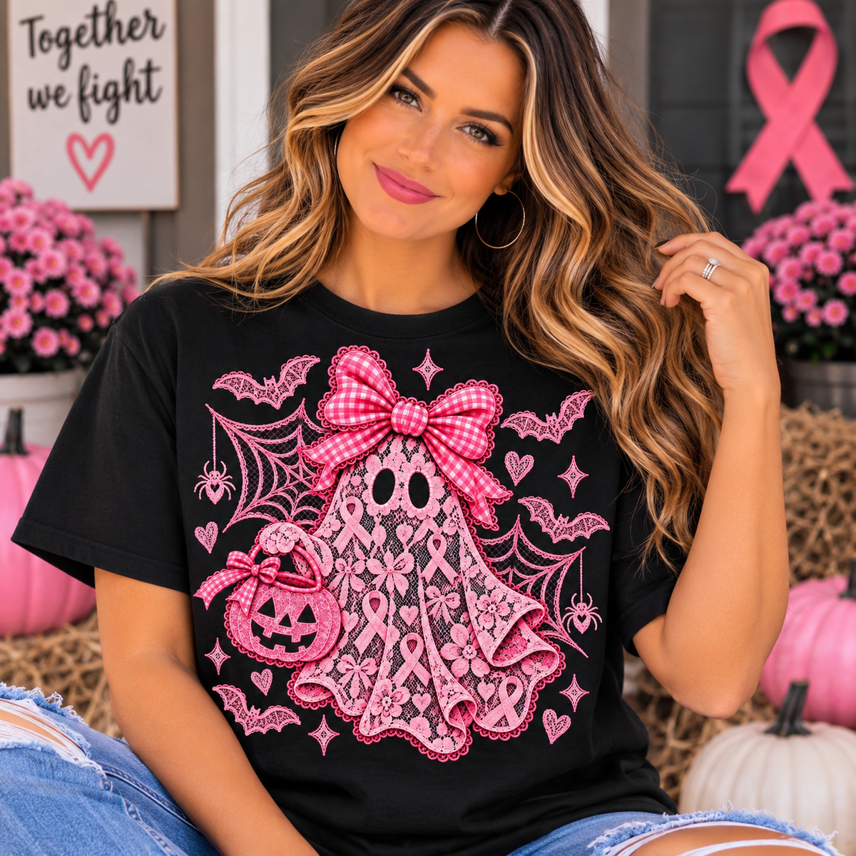 Pink lace ghost breast cancer awareness black shirt mockup