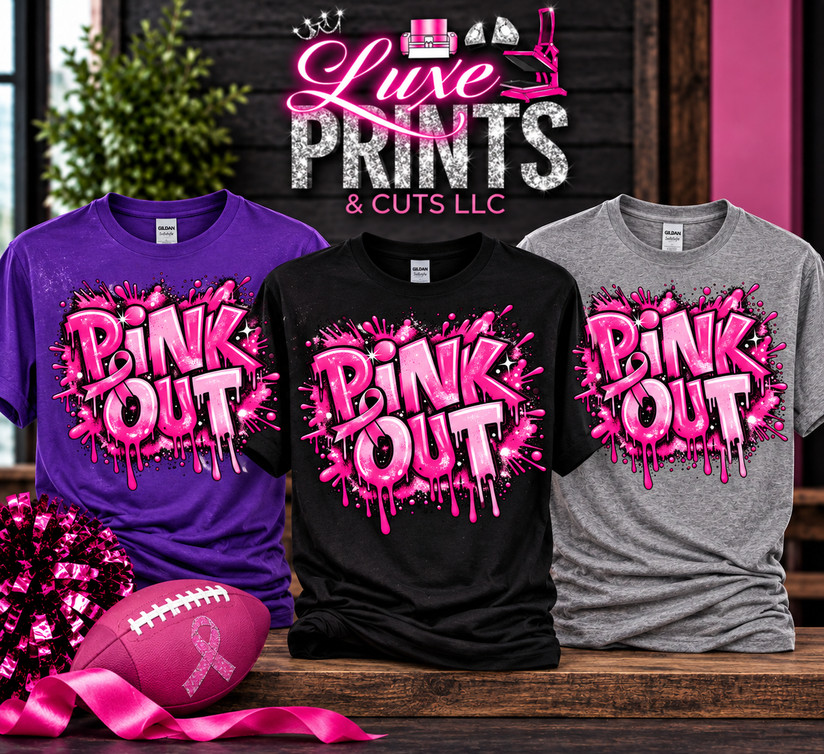 Pink Out breast cancer awareness shirts in purple, black, and gray by Luxe Prints & Cuts LLC