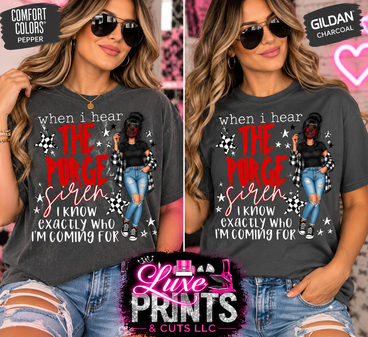 Purge Siren shirt mockup in Comfort Colors Pepper and Gildan Charcoal
