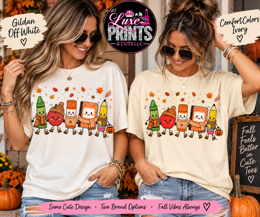 Fall school supplies shirt mockup on Gildan Off White and Comfort Colors Ivory
