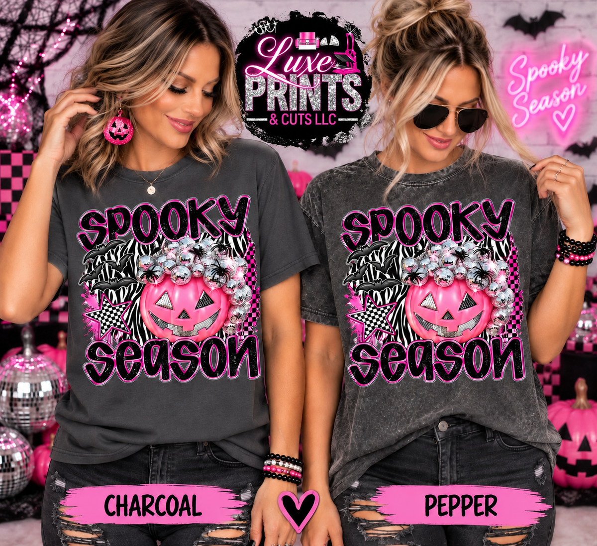 Spooky Season short sleeve mockup - Gildan Charcoal and Comfort Colors Pepper