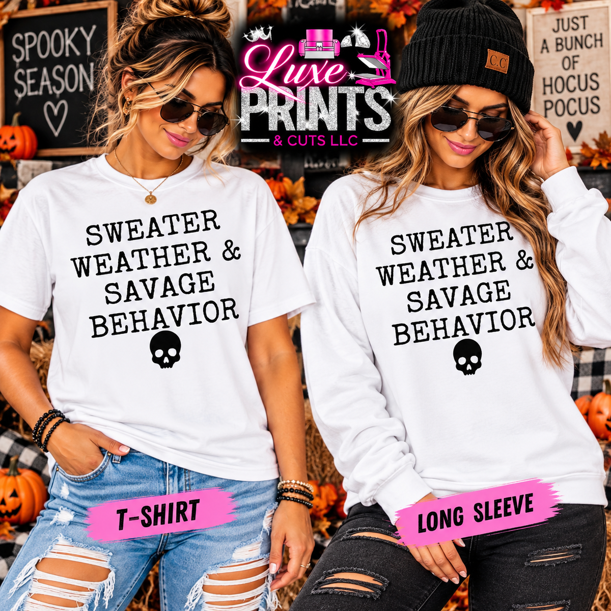 Sweater Weather & Savage Behavior white T-shirt and long sleeve mockup