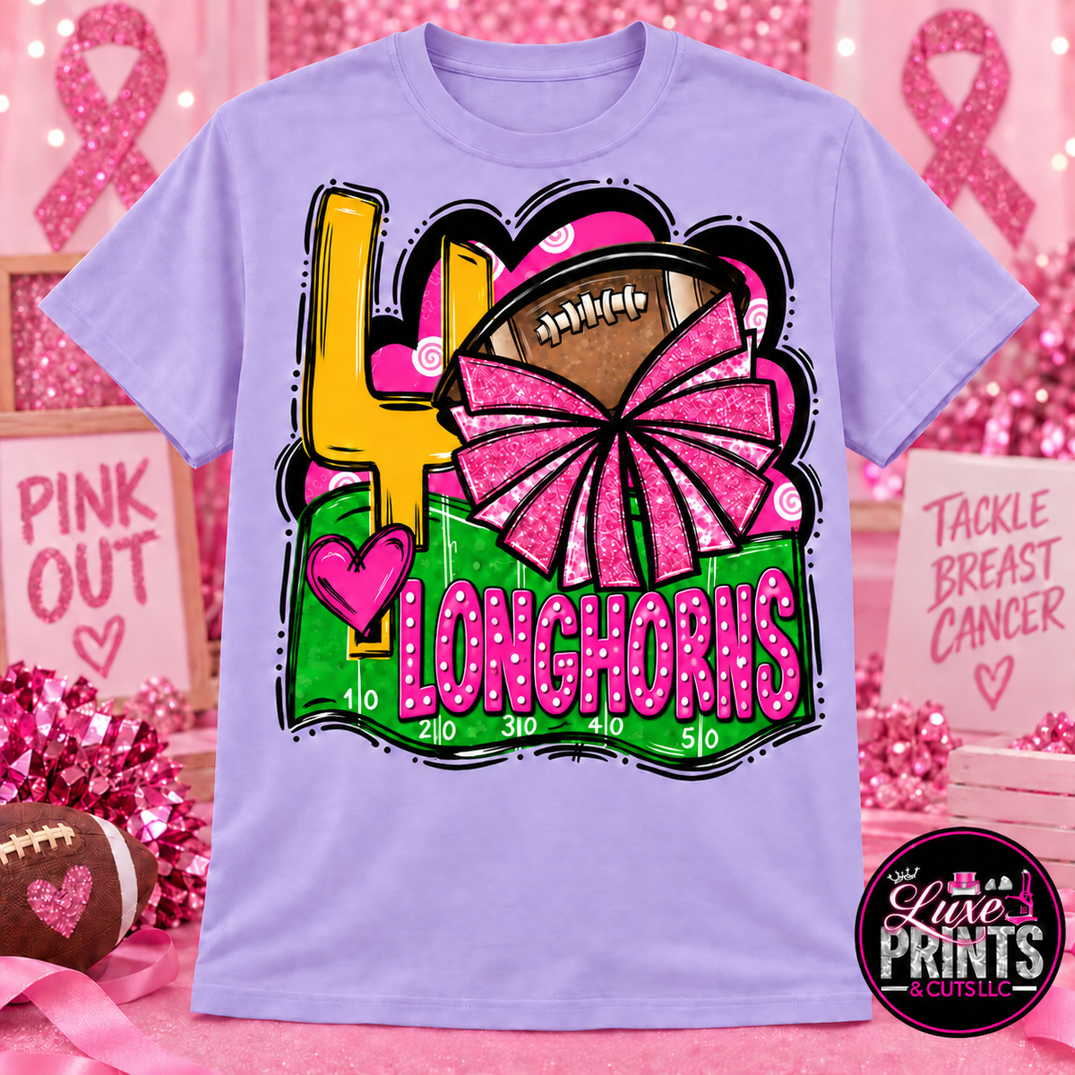 Tarkington Longhorns Pink Out football cheer shirt on light purple