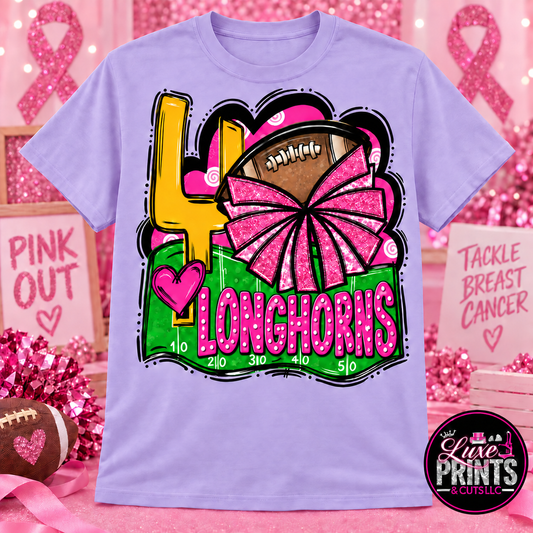 Tarkington Longhorns Pink Out football cheer shirt on light purple