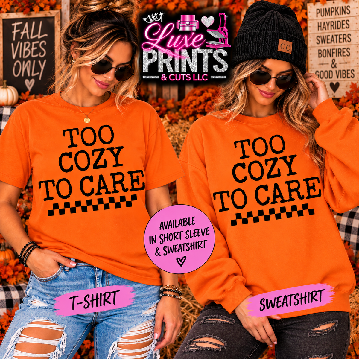 Too Cozy To Care orange T-shirt and sweatshirt mockup