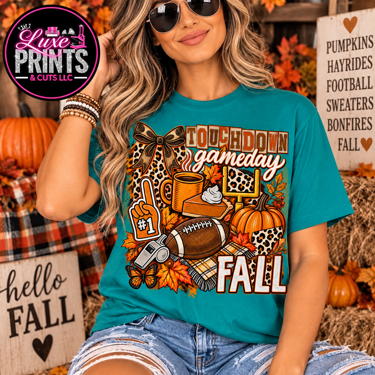 Touchdown gameday fall design on teal Gildan shirt