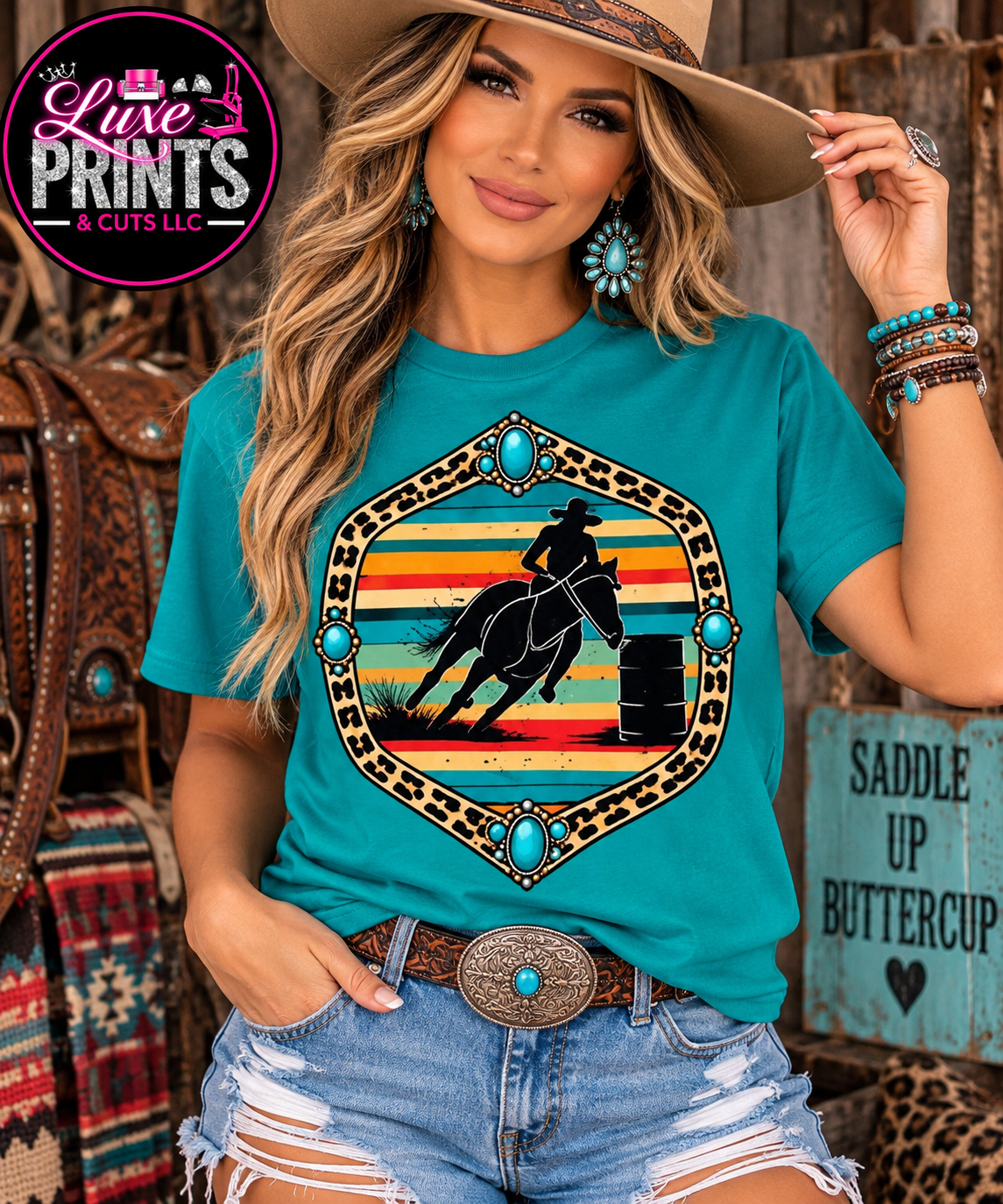 Western barrel racing design on teal Gildan shirt
