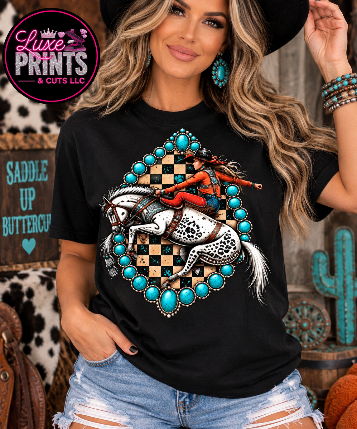 Western cowgirl and spotted horse design on black shirt