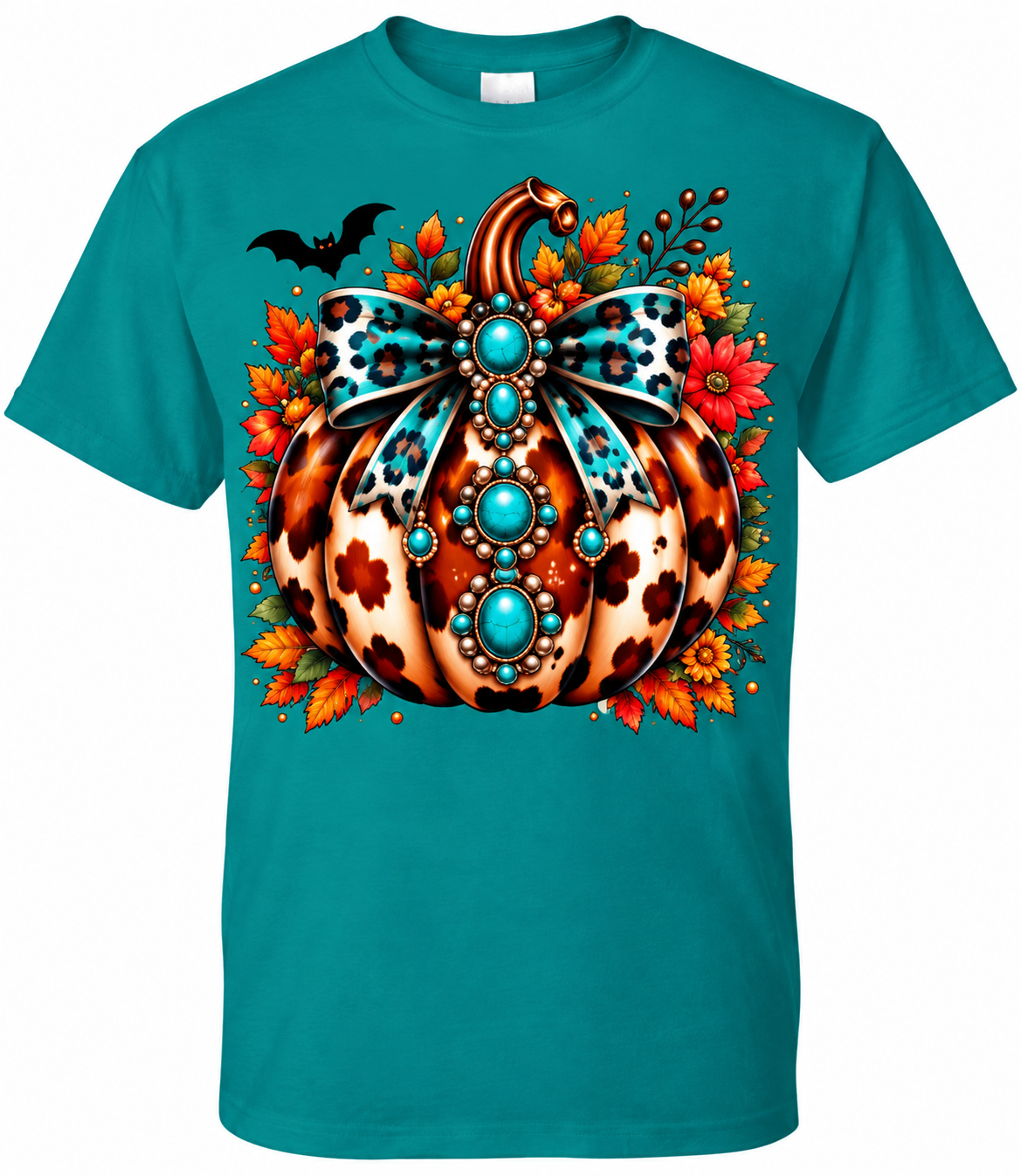 Western pumpkin design on jade Gildan shirt