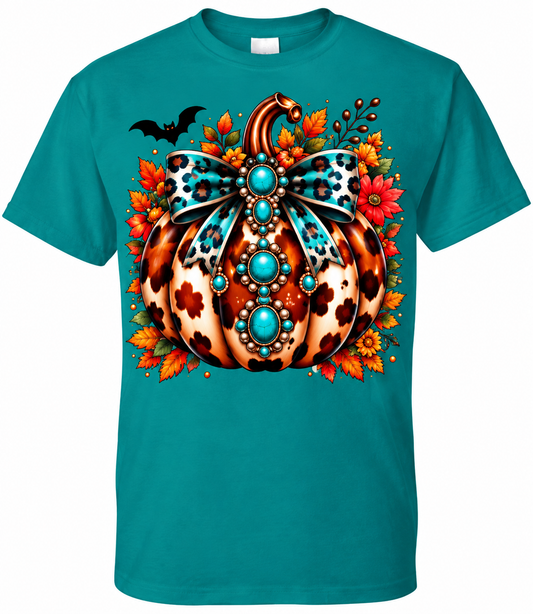 Western pumpkin design on jade Gildan shirt