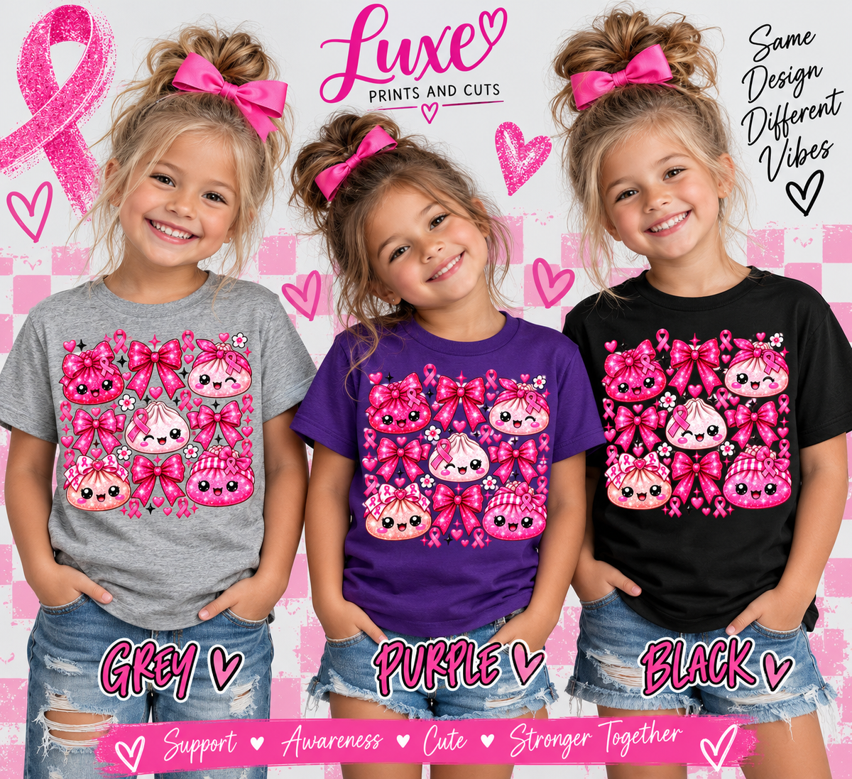 Kids modeling Grey Purple and Black shirts